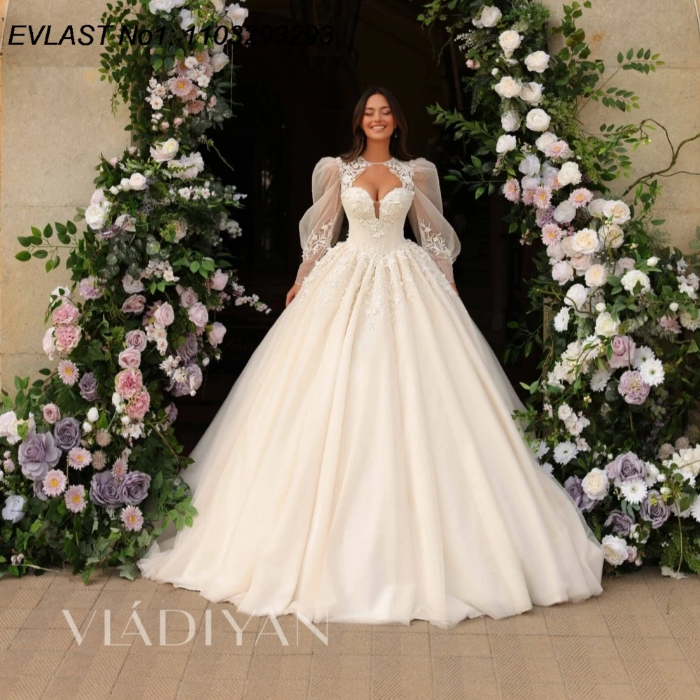

EVLAST Customized Glitter A Line Wedding Dress Sweetheart Lace Applique Crystal Beaded Cape Bridal Gown Robe De Mariee TBD103