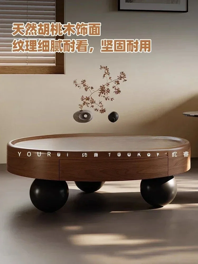 A  xx1Medieval walnut leather solid wood round coffee table living room home light luxury high-end sense, sofa side table
