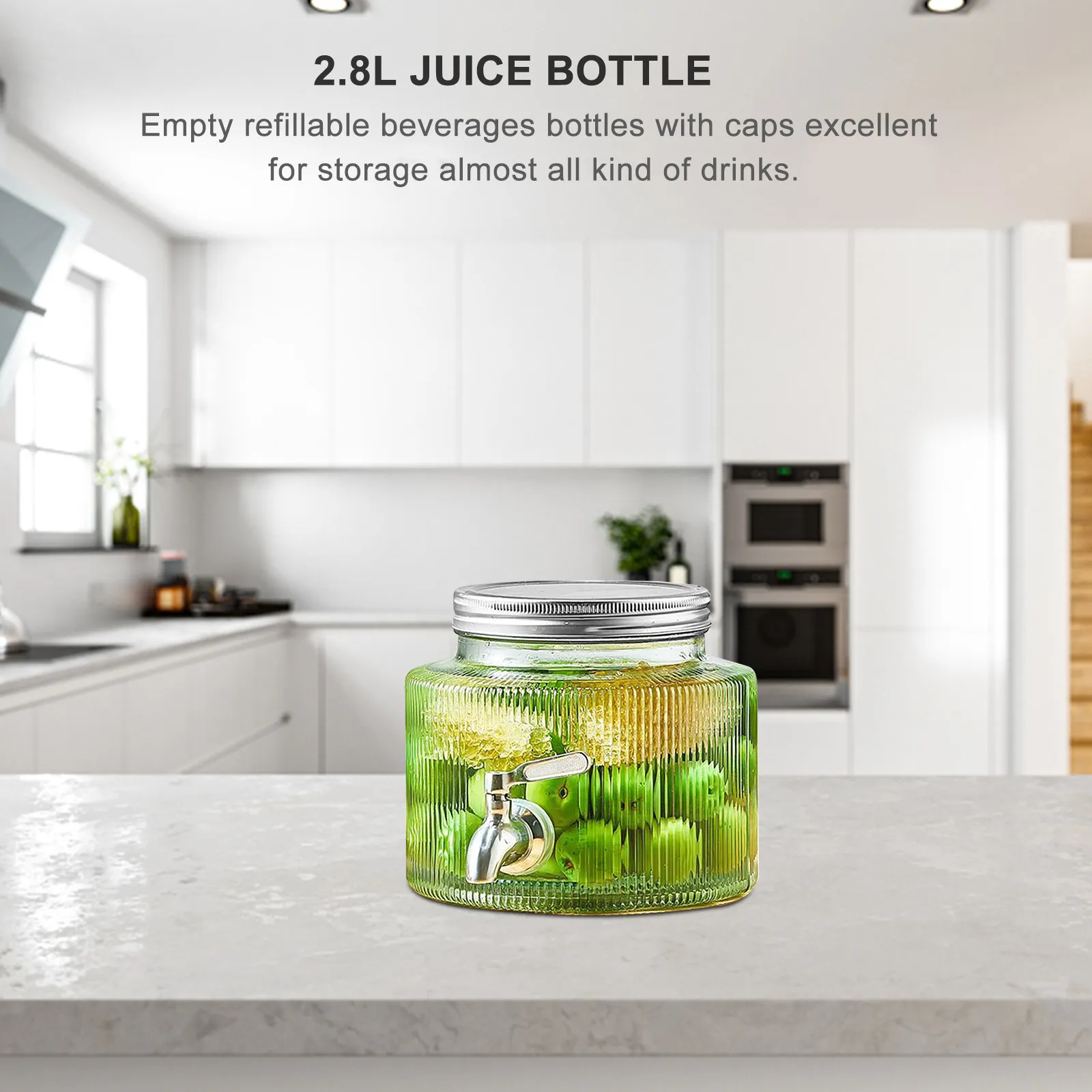 2.8L Glass Beverage Dispenser Jar Glass Drink Jar with Spigot Large Capacity Iced Tea Lemonade Party Drink Container