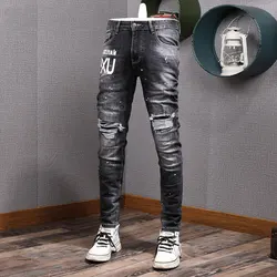 Street Fashion Men Jeans Retro Black Gray Stretch Slim Fit Patched Ripped Jeans Men Printed Designer Hip Hop Denim Pants Hombre