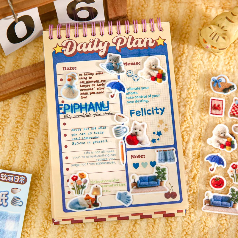 1Pcs Aesthetic Kawaii Soft Felt Sticker Sheets, Cute Daily Scene Cartoon Pattern Stickers for Journal Decoration