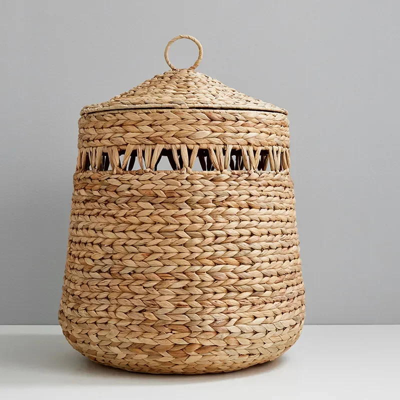 Natural Water Hyacinth Woven Storage Basket with Lid Japanese Style Handmade Organizer for Snacks Sundries Home Decor