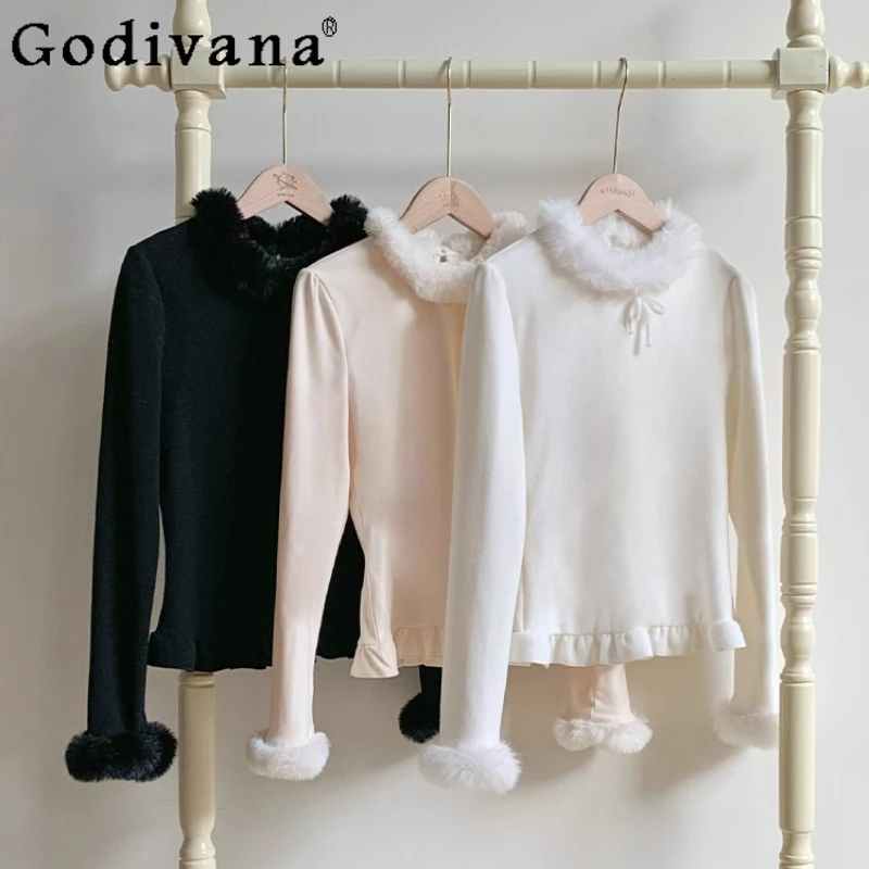 

Autumn Winter New Knit Long Sleeve Tops Cute Girl's Plush Collar Soft Warm Lolita Inner Top Women's Slim Fit Elegant Pullover