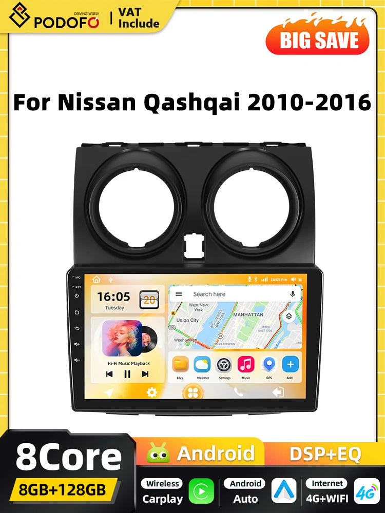 Podofo 8+128G Carplay 2DIN Android Auto Multimedia Speler voor Nissan Qashqai 2006 2007-2016 Intelligente Systemen GPS WIFI FM RDS - afbeelding 2