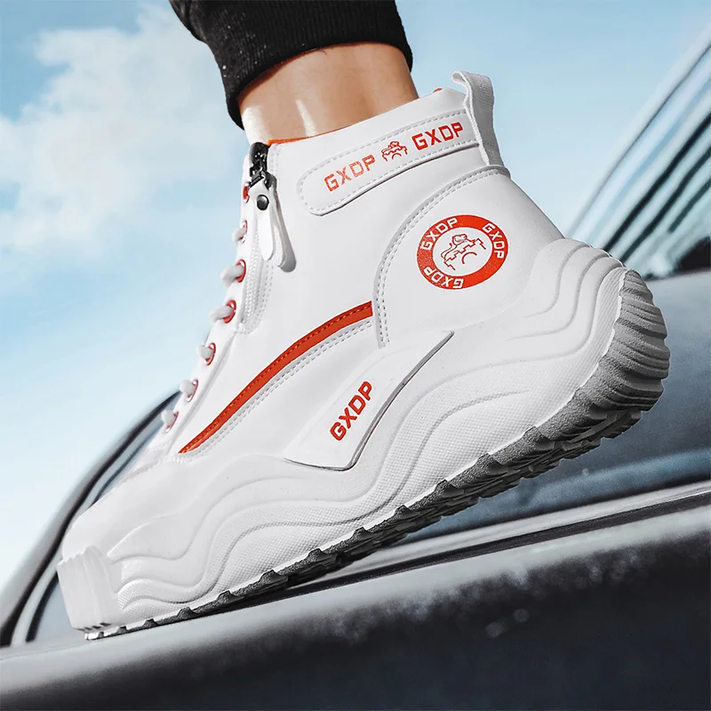 Men High Top White Leather Sneakers A/W 2026, Thick Sole Height Boost Non-slip Durable All-match Daily Casual Sports Shoes view 5