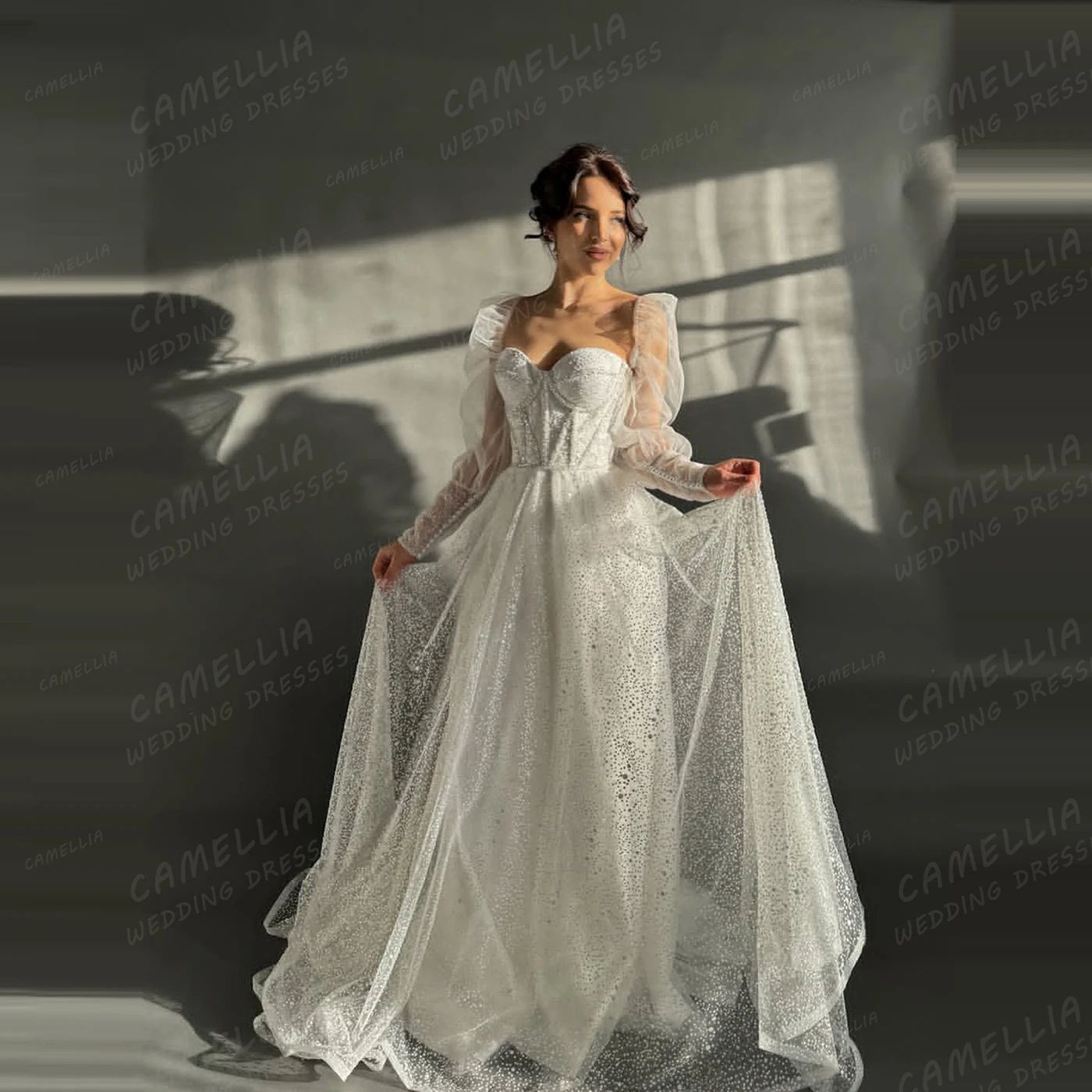 فساتين زفاف لامعة مطرزة للنساء على شكل حرف A على شكل قلب وأكمام طويلة فساتين زفاف فيستدوس دي نوفيا مخصصة للحفلات أنيقة #1