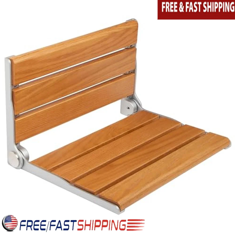 Wooden Wall Mounted Folding Shower Seat Support 400lbs Solid Wood Fold up Chair Easy Installation Multi-functional Resting Stool