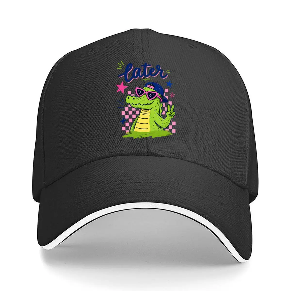 Later Crocodile Peace Sign Star Sunglasses Checkered 90s Pastel Kawaii Graphic Sandwich Baseball Cap Outdoor Workouts Sun Hat