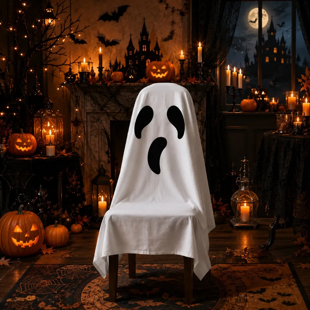 Pumpkin Halloween Chair Cover Soft Skull Pattern Halloween Dinner Chair Seat Cover Pink Removable Festival Table Decor