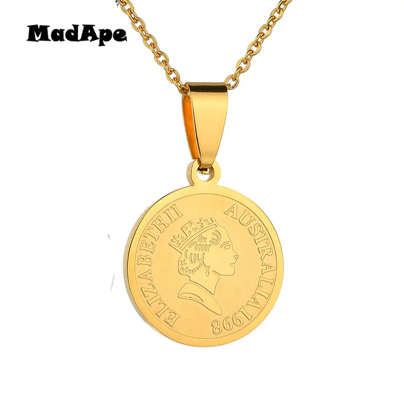 MadApe 316L Stainless Steel Round Medals Pendant Necklace For Women Sweater Chain Lettering Elizabeth Gold/Silver Color Choker