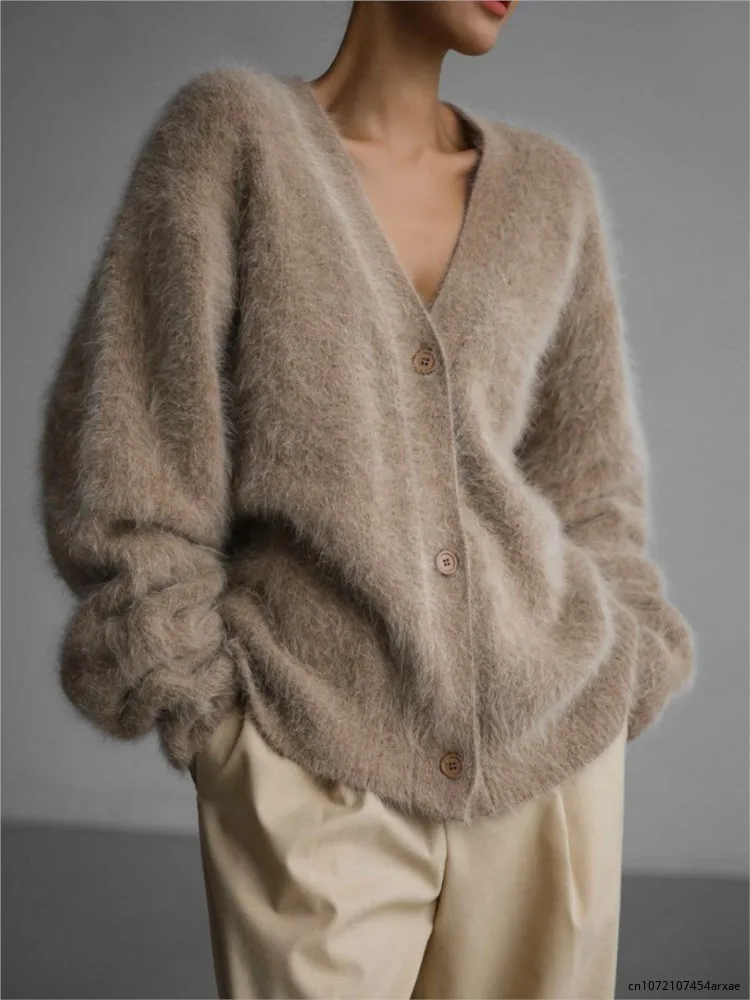 Winter Fashion Knitted Angola Cardigan Women Luxe Mink Oversized Soft V-neck Long Sleeve Sweater Single Breasted Solid Knitwears