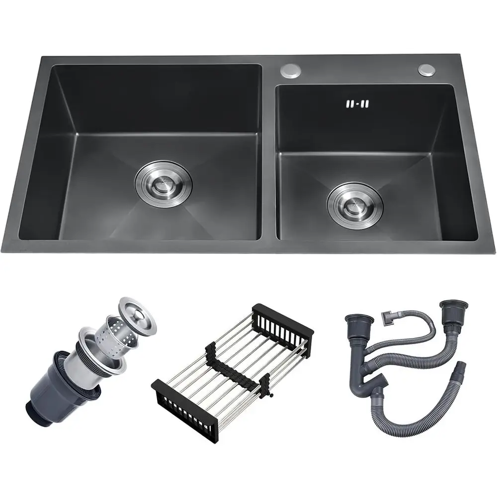 

31" x 18" Black Double Bowl Kitchen Sink, Drop-in/Topmount 304 StainlSteel Sink with Nano Coating & Accories Set