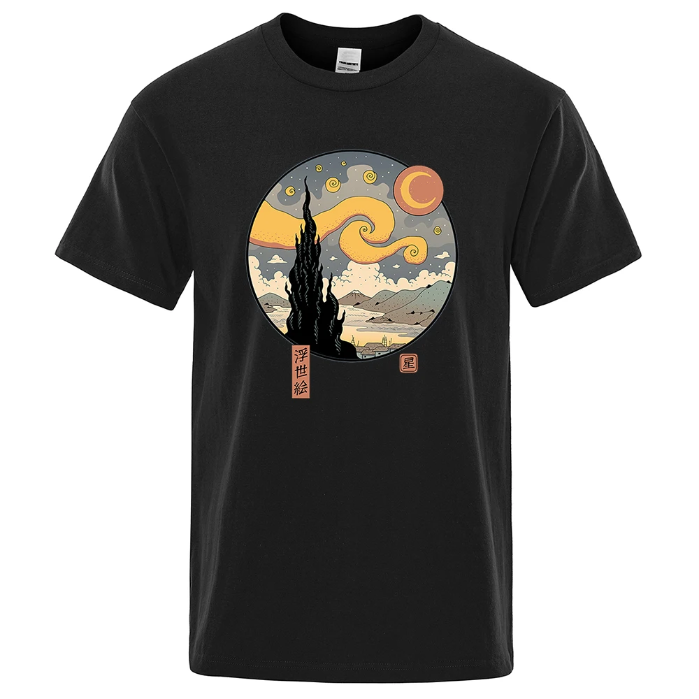 

Starry Ukiyo-E Night Funny Printing T Shirts Mens Harajuku Casual Tshirts Cotton Summer Short Sleeve High Quality Street Tops