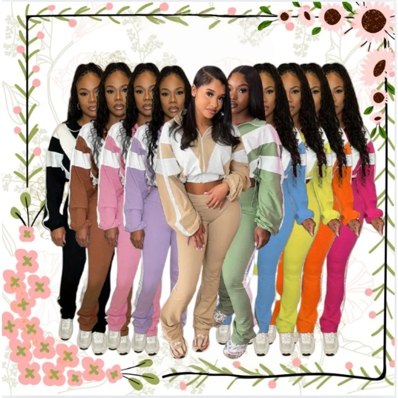 

Women's Waist-hugging Color Block Splicing Contrasting Color Sports and Casual Two-piece Pants Set Costumes Accessories