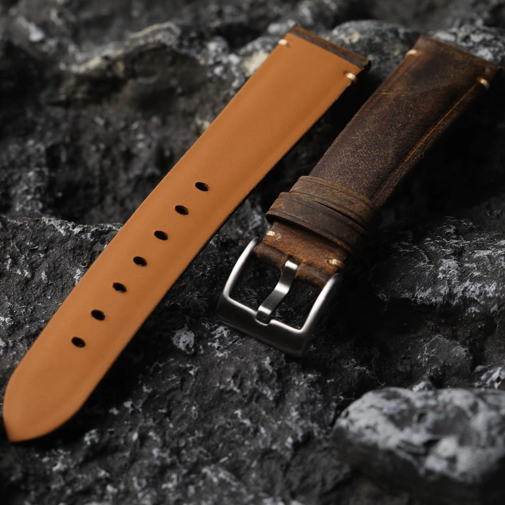 Handmade Head Layer Cowhide Watch Strap, 18 19 20 21 22MM Brown, Vintage Brushed Leather Bracelet, Thickened Men\'s Watch Strap