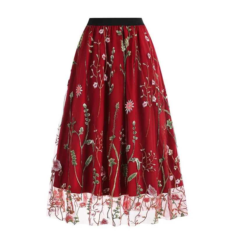 

Dropshipping Luxurious Full Embroidery Tulle Skirts Mesh Midi A-Line Fairy High Elastic Vintage Bohemia Flare Flowy Midskirts