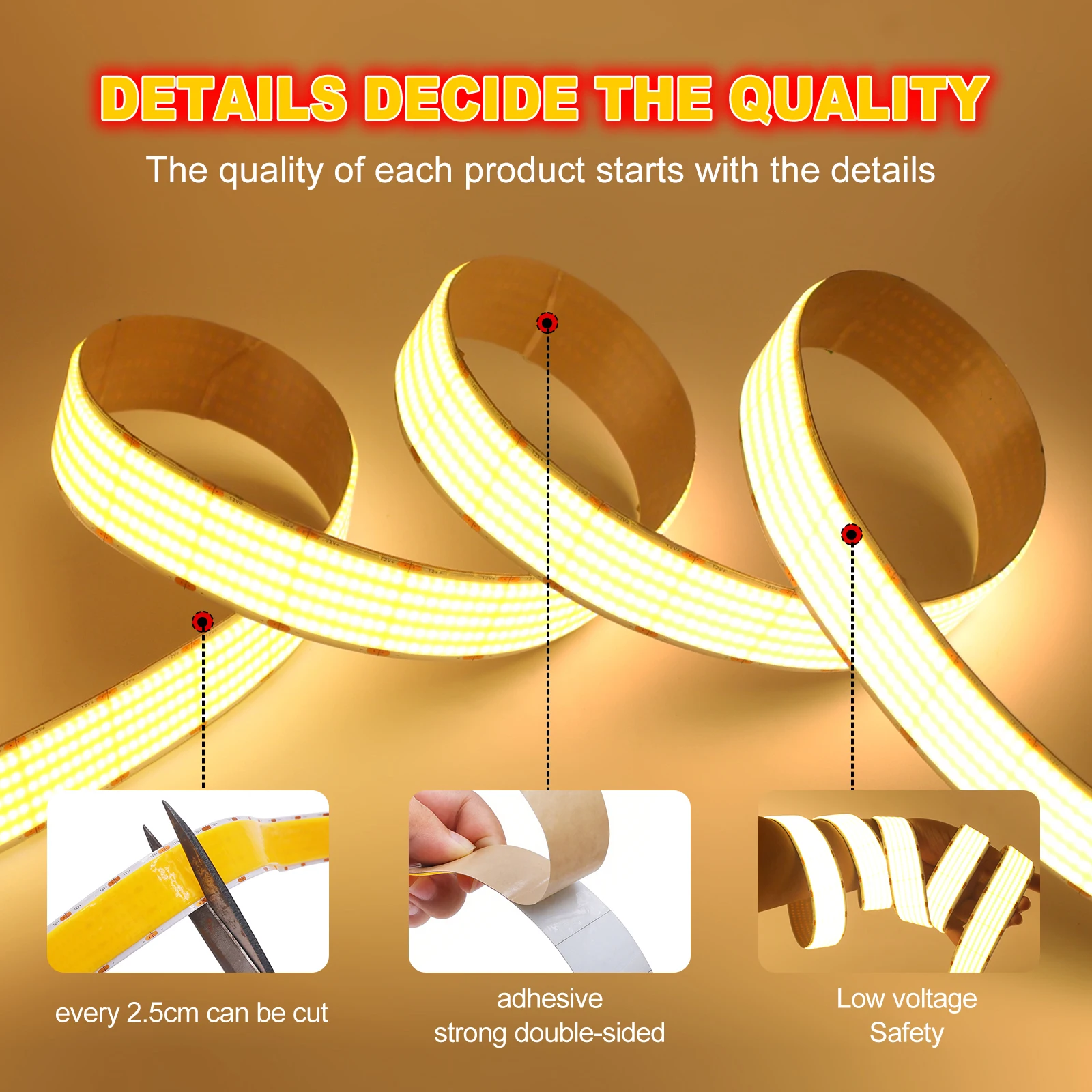 超高輝度COB LEDストリップライト 12V 24V 1600LEDs/M フレキシブルテープリボン 幅30mm ホームランプストリップ 室内/寝室/キッチン用