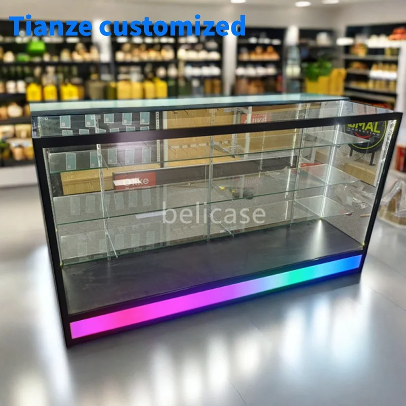 （customized）Popular FullGlass Display with Led Light Smoke Shop Display Showcase Lockable Retail Store Display