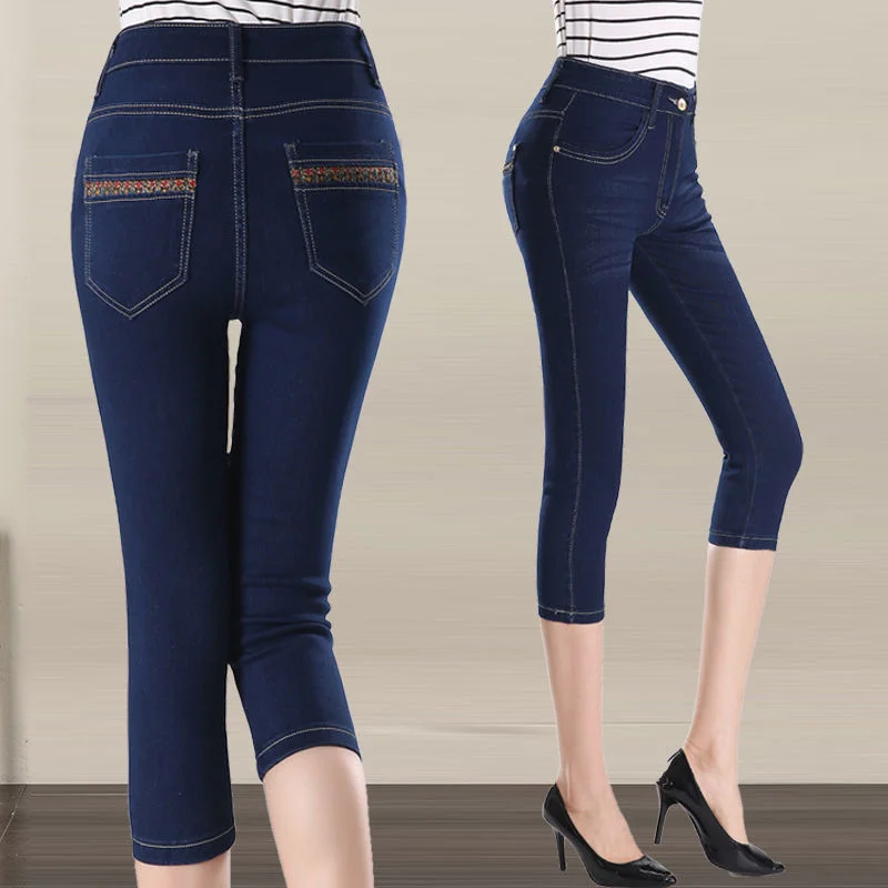 Summer Denim Capris Women High Waist Pocket Stretch Skinny Jeans Woman Fitness Leggings Korean Fashion Slim Short Straight Pants