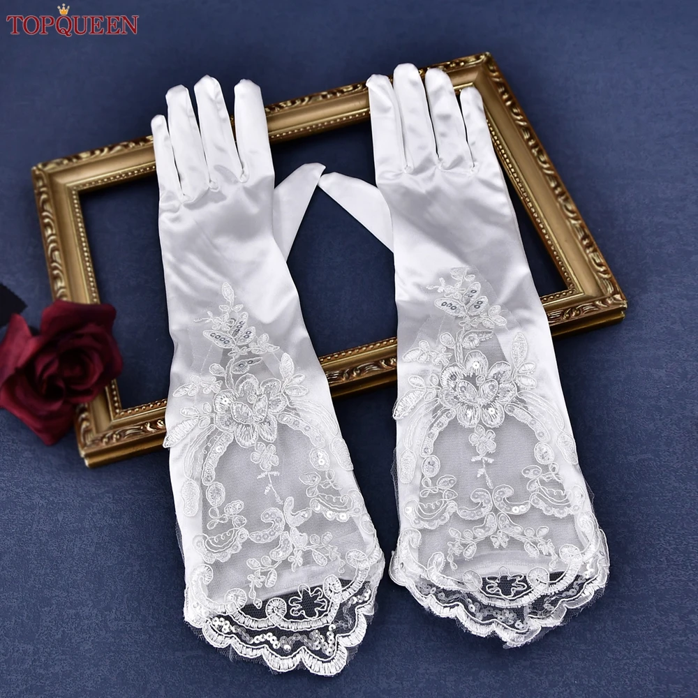 TOPQUEEN guantes de novia de encaje largo hasta el codo guantes de satén para cantar y bailar vestido de boda para fiesta brazo accesorios DIY VM06