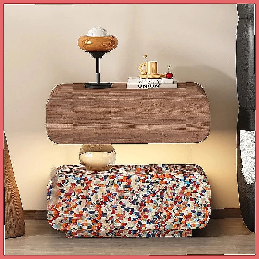 Vintage Round Bedside Table with Storage, Cream Nightstand for Modern Bedroom Furniture