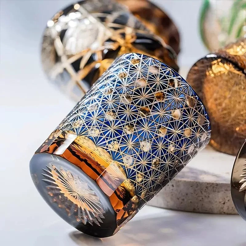 1PC Vintage Hand Carved Crystal Liquor Glass Starry Sky Daisy Pattern Whiskey Tumbler For Gift Packaging Box