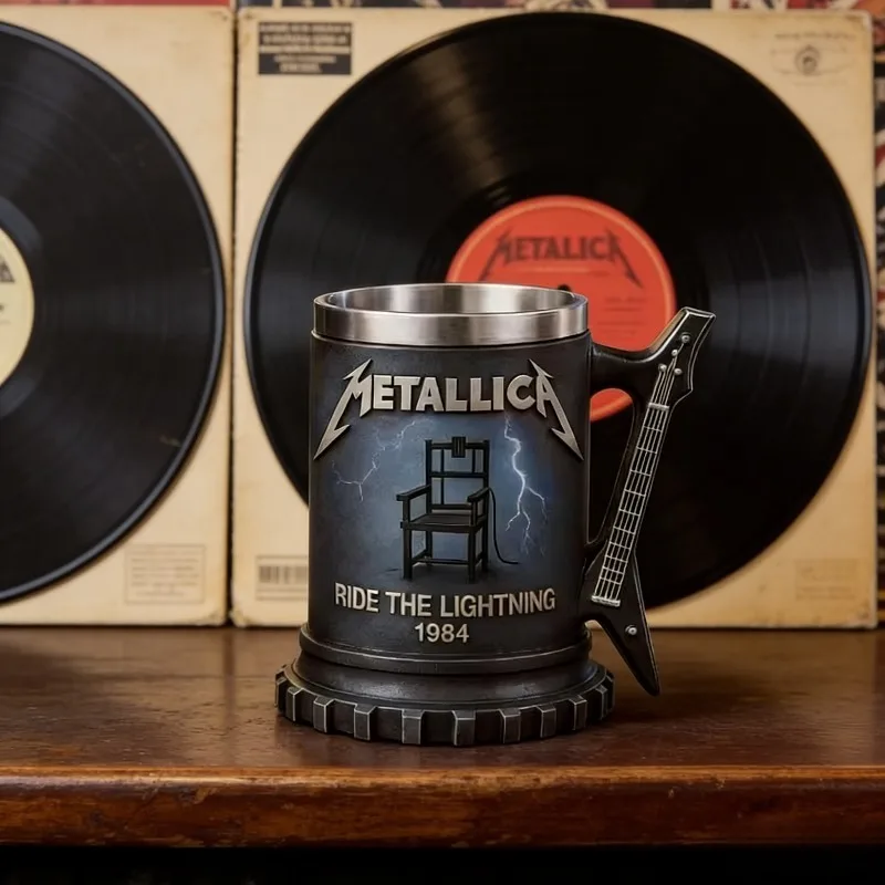 Taza de Café con Relieve 3D de Metallica, Base en Forma de Engranaje y Asa de Guitarra Eléctrica, Jarra de Resina y Acero Premium para Fanáticos del Metal