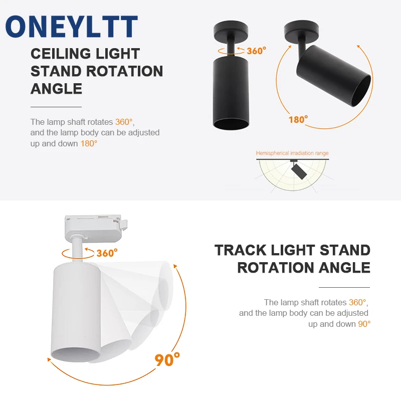 Surface Mounted 360° Rotatable White Black Gold Copper LED Ceiling Track Downlight 6W GU10 Bulb Replaceable Wall Spot Light