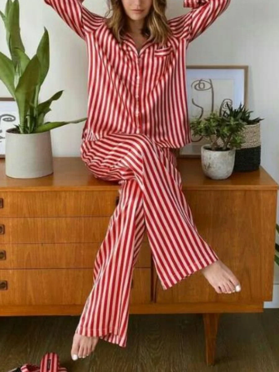 

Women's Christmas Two-Piece Home Wear Striped Long-Sleeved Button-Down Top With Loose Trousers, Comfortable Pajama Set