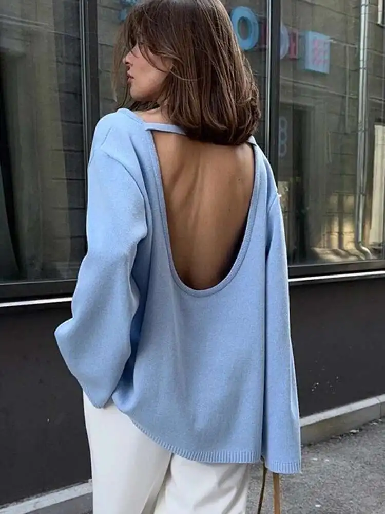 Fantoye вязаные сексуальные пуловеры с открытой спиной, женский свитер, синий свитер с длинными рукавами и круглым вырезом, женский осенний свободный повседневный уличный свитер