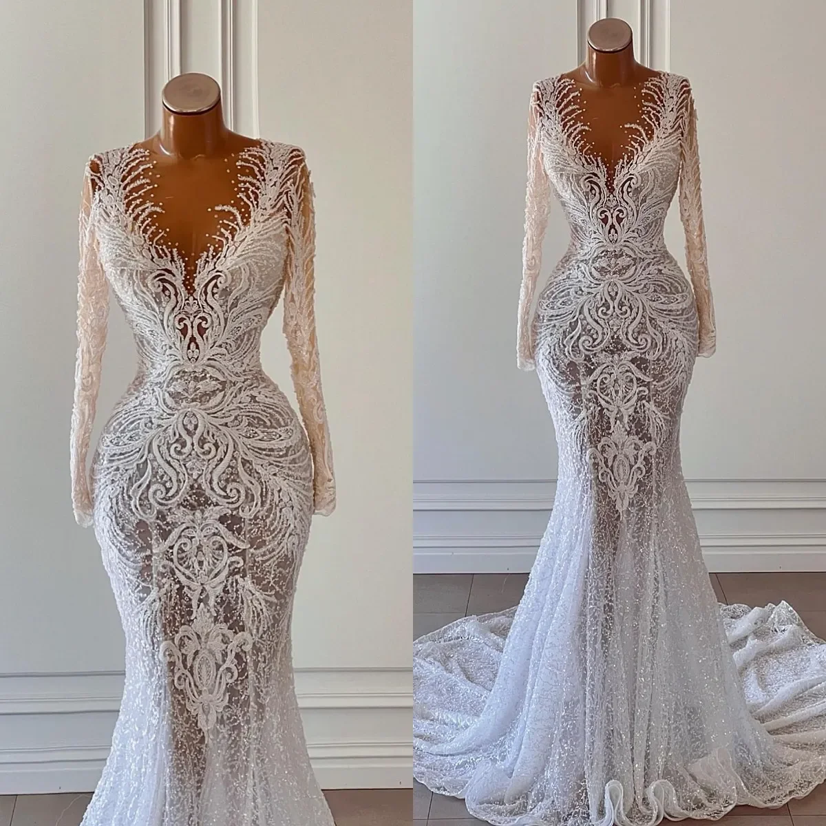 

Роскошное кружевное свадебное платье-русалка с глубоким V-образным вырезом, длинными рукавами, блестящими пайетками и бисером, со шлейфом, на заказ