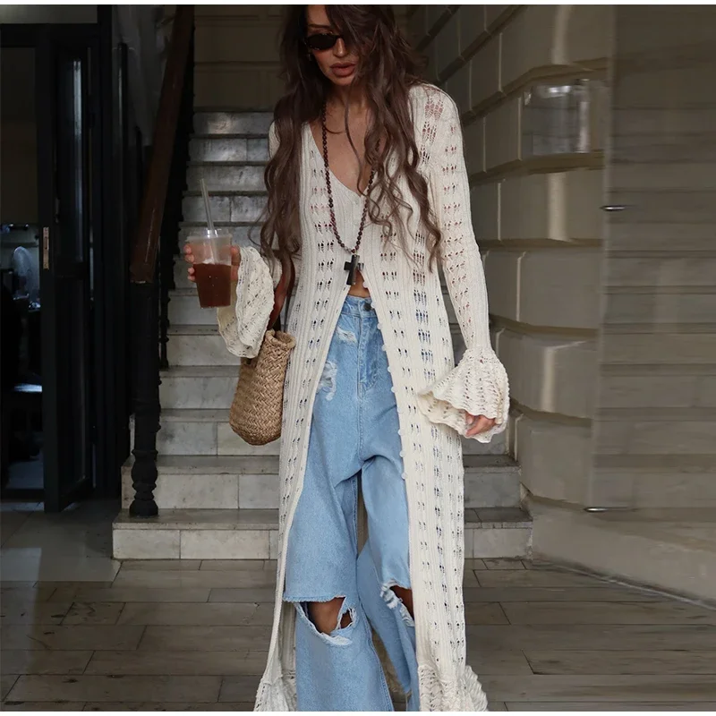 Elegant Knitted Hollow Out Long Dress Women Beach Ruffle Single-breasted Flare Sleeve Cardigan Robe Female Fashion Solid Dresses