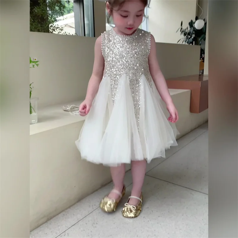 

Baby Kids Sequined Tulle Pearls Flower Girl Dresses First Communion Dresses Birthday Christmas Gift Wedding Party Birthday