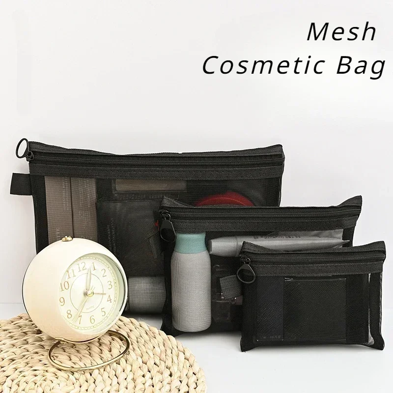 Malha saco de cosméticos de armazenamento de viagem saco de maquiagem organizador feminino compõem bolsa portátil pequeno grande caso de beleza de higiene pessoal