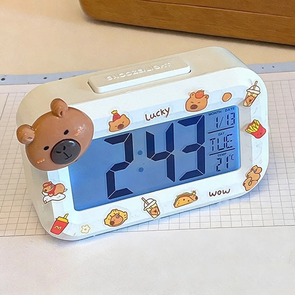 Reloj Despertador Digital LED Multifuncional con Diseño de Capibara, Silencioso, con Luz Nocturna, Mini Reloj de Escritorio para Dormitorio de Estudiantes