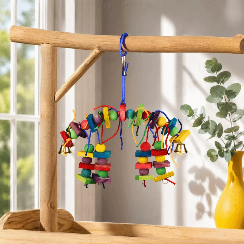 Multicolored Blocks Parakeet Chewing Toy Thick Block Cotton Rope Wooden Blocks Toy Wooden Material Chewable Design Pet Bird Toy