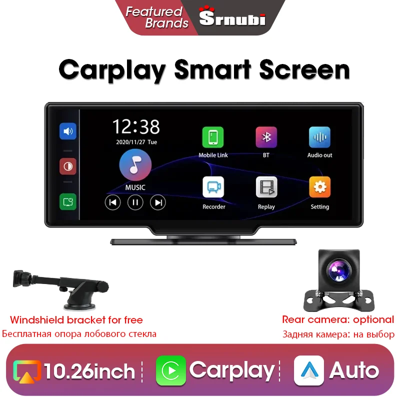 

Srnubi 10.26" Car Mirror Video Recording Wireless Carplay Monitor Android Auto 4K 2160P dashboard DVR GPS FM Multimedia Player