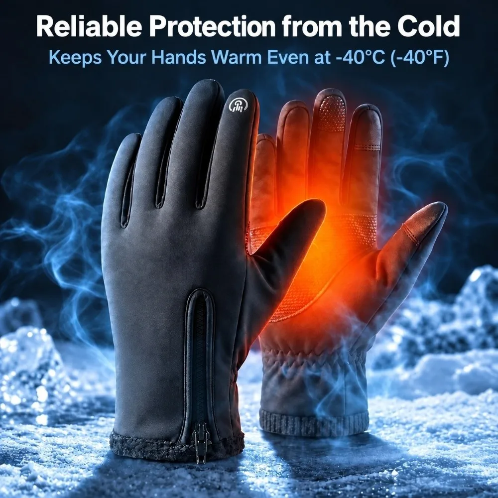 Waterproof Men's Black Winter Gloves Touch Screen with Zipper Thermal Cycling Gloves Elastic Cuff Non Slip Winter Sports Gloves