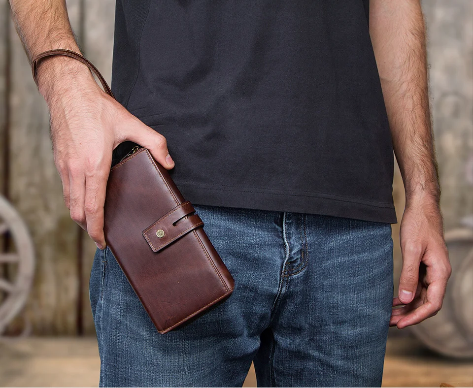 CONTACT'S Clutch-Taschen aus echtem Leder für Herren, lange Vintage-Handtaschen mit Reißverschluss, Kartenhalter, Münzgeldbörsen, Geldklammer, Herren-Geldbörsen – Detail 7