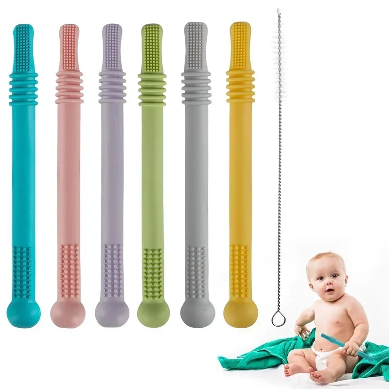 

Long Tube Teether Toy Infants Baby Safety Teething Stick Food Grade Silicone Chewing Biting Toys Soft Chewy Molar Tube Bar