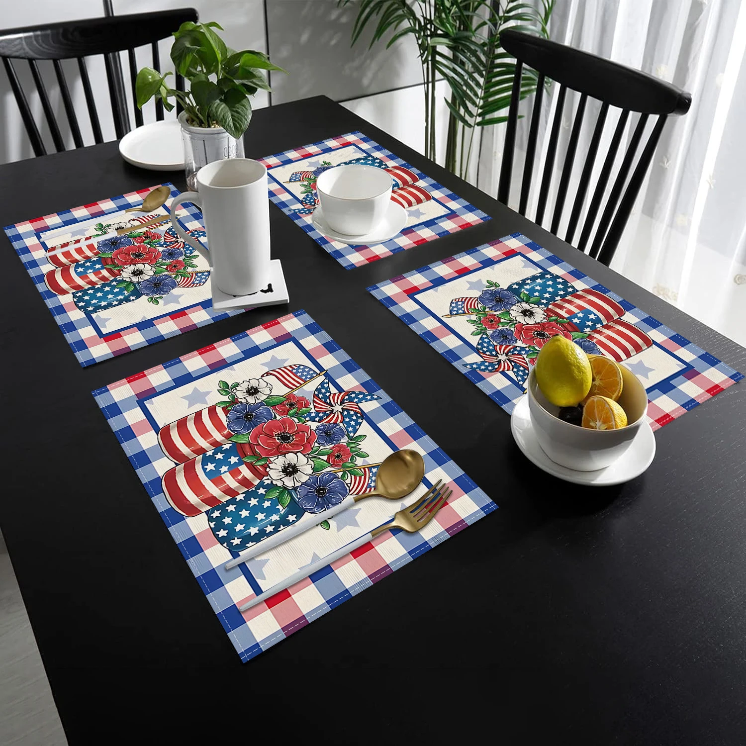 Plaid Patriotic Placemats Set – Vibrant Vase Flowers Design for July 4th, Memorial Day, Independence Day – Durable, Easy-to-