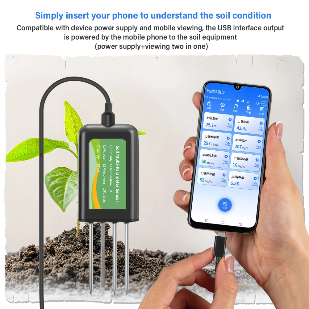 Yieryi 8 in 1 Soil Sensor for Moisture EC PH Nitrogen Phosphorus Potassium Temperature Salinity USB Android HarmonyOS Compatible