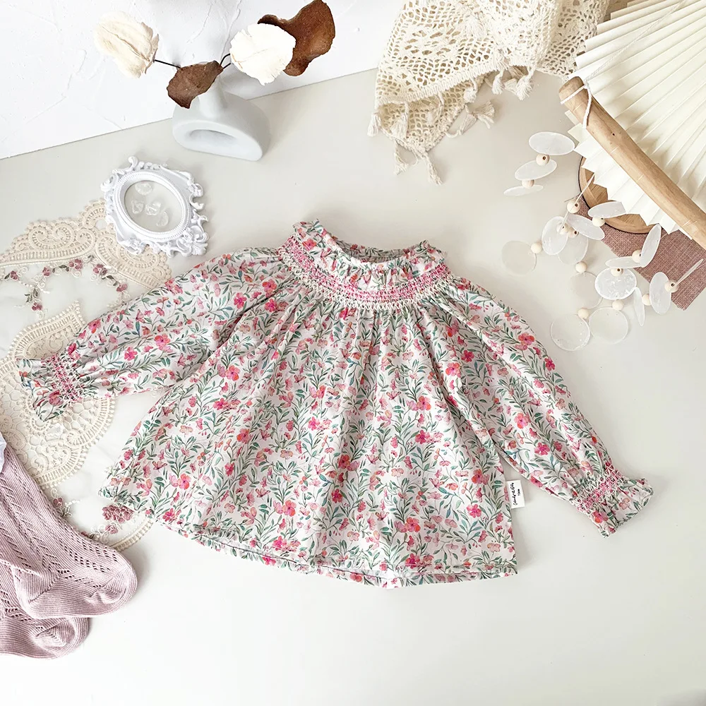 

Baby Girls Blouse Toddler Floral Hand Smocking Shirt Baby Cotton Tops Kids Clothing 0-4Y