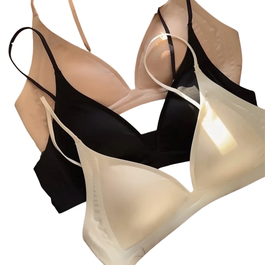 

KUCLUT French Glossy Satin Seamless Underwear, Women's Deep V-neck, Thin Shoulder Strap, Thin Bra for Summer