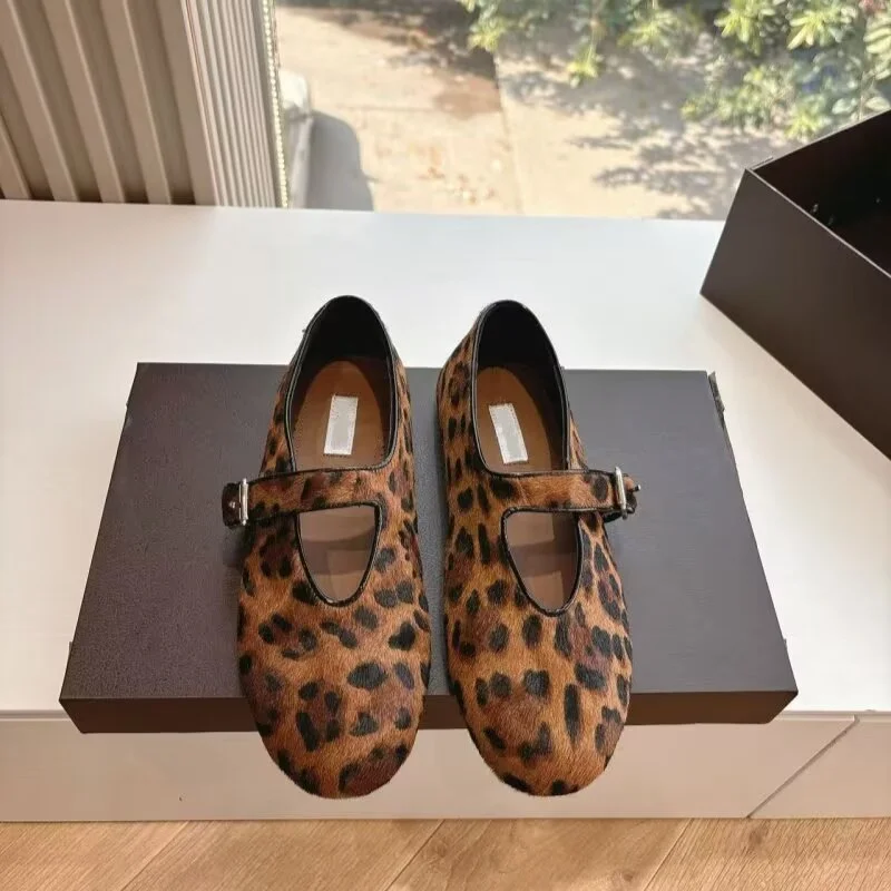 Leopard print Single Button Mary Jane single Shoes For Women, Spring New Version, Retro Horsehair, Comfortable Flat Ballet Shoes