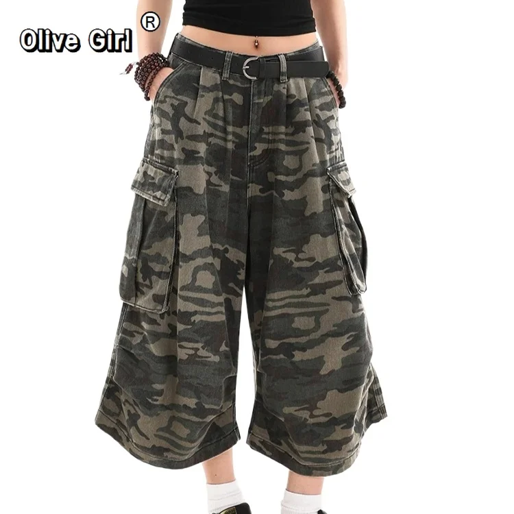 Olivegirl Women Tomboy Camouflage Abi Jorts Jean Y2K 2000s Aesthetic Capri Pants Summer Harajuku Denim High Street Goblin Core
