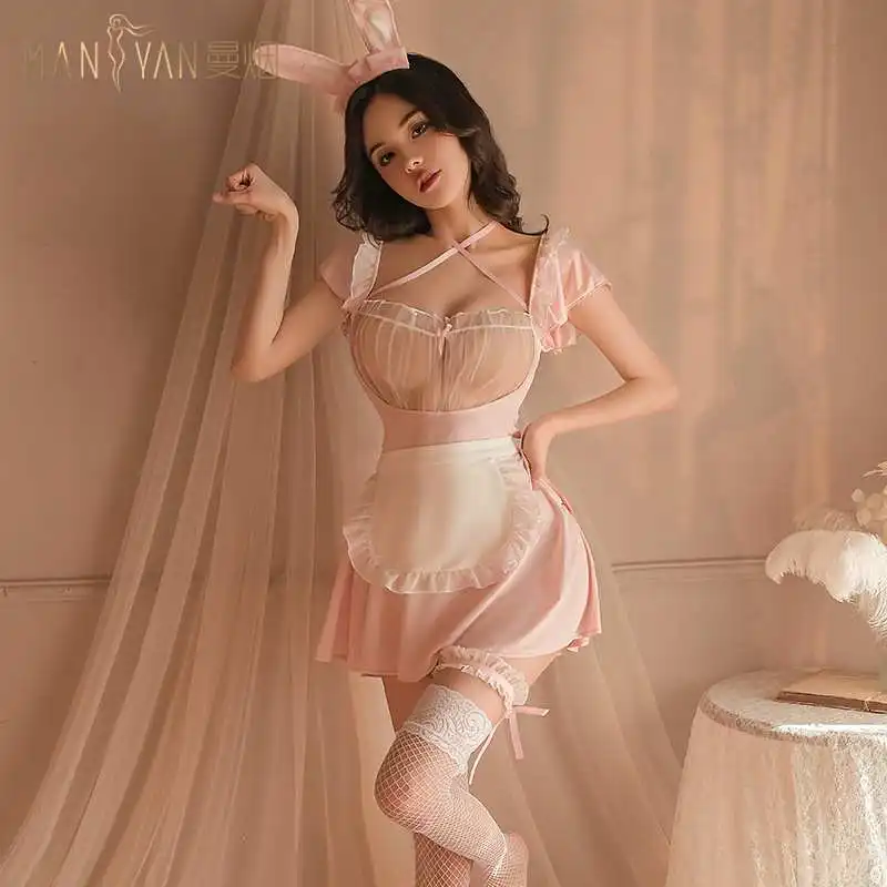 Vestido de chica conejito Ligerie transparente y Sexy para mujer, disfraces de sirvienta para Cosplay, trajes de dulce Lolite