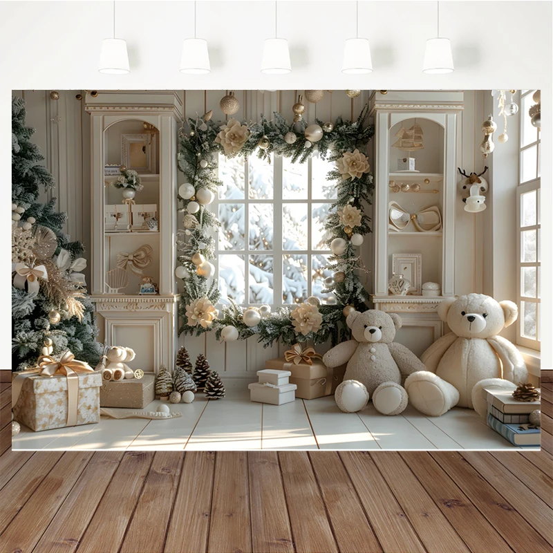 Mocsicka-Fondo de fotografía con ventana Beige, oso, flor, regalo, árbol de Navidad, accesorios de fotografía para niños y bebés