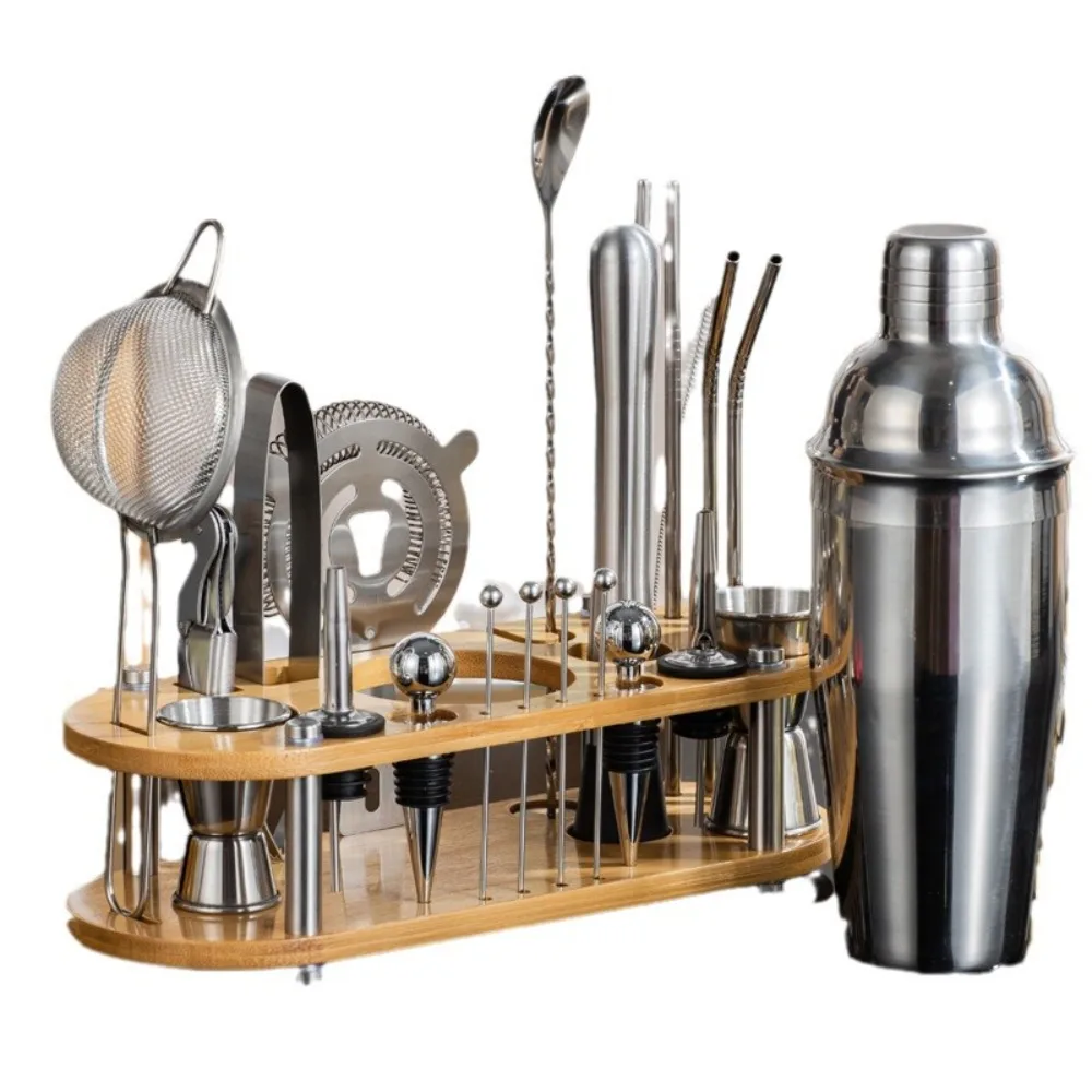 23pcs Stainless Steel Cocktail Shaker Bartending Tools Bartender Kit 750ml Boston Shakers with Bamboo Stand Bar Cocktail Set