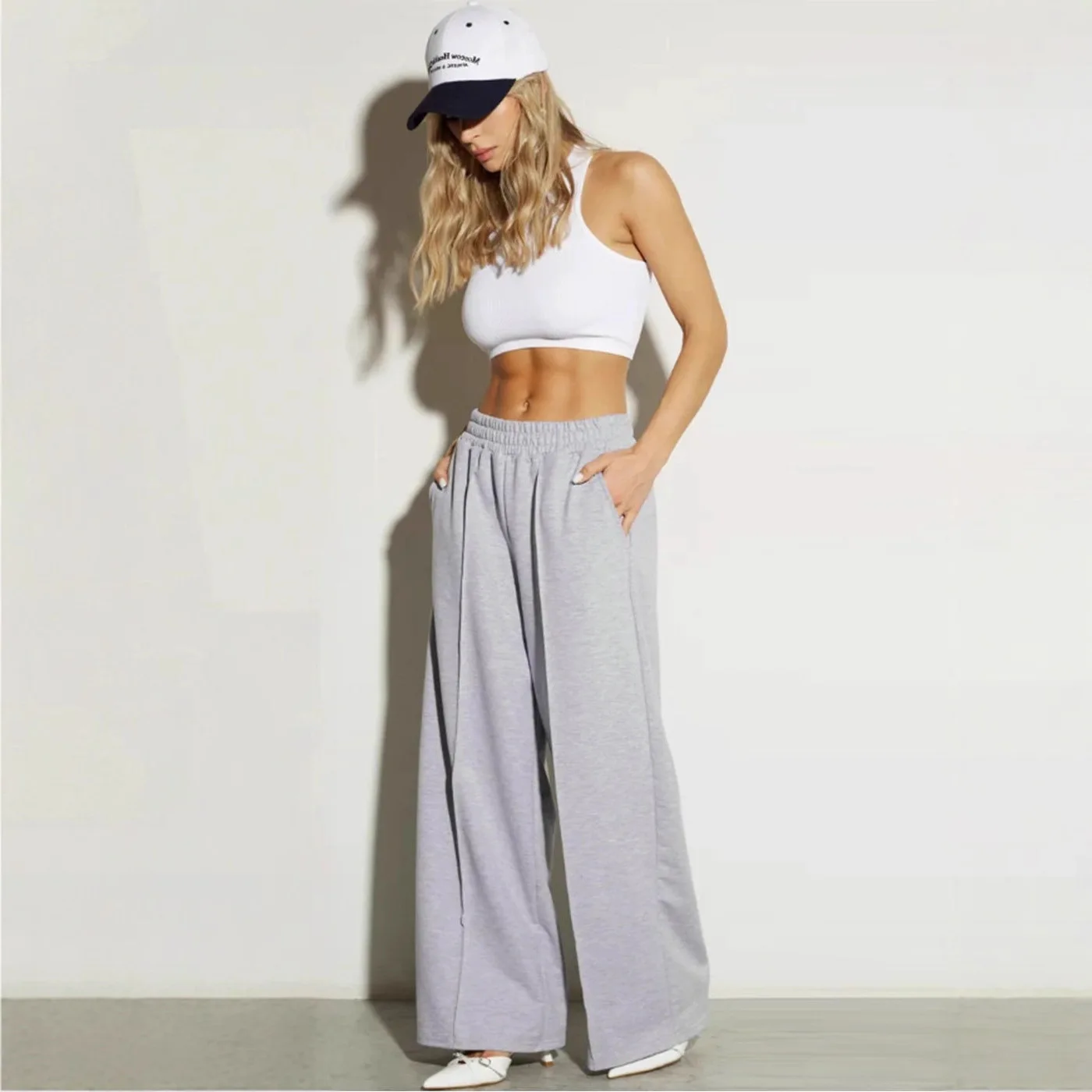 Autumn Women Cotton Wide Leg Pants Elastic Waist Sweatpants Casual Chic Stretch Streetwear Loose Stretch Straight Joggers